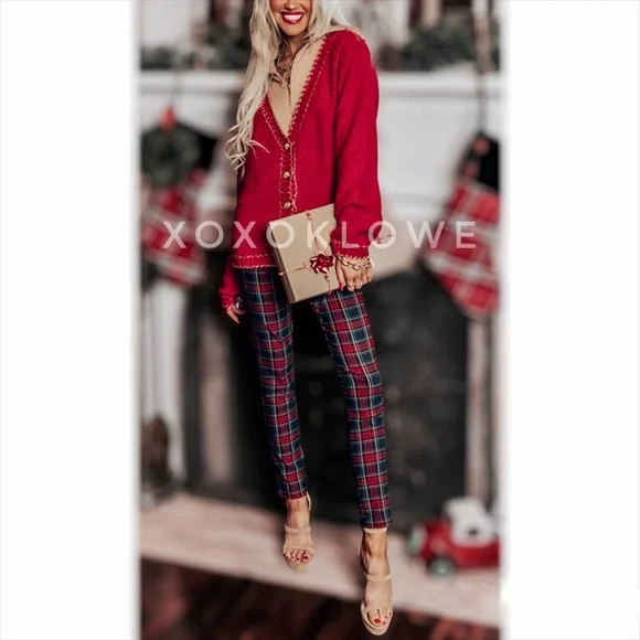 POL Red Button Front Cardigan with Sparkly Gold Trim - Picture 14 of 15